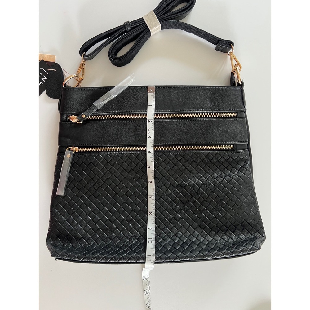 Mellow World Black Vegan Leather Crossbody Bag Woven Texture Gold Hardware NWT - Picture 7 of 14